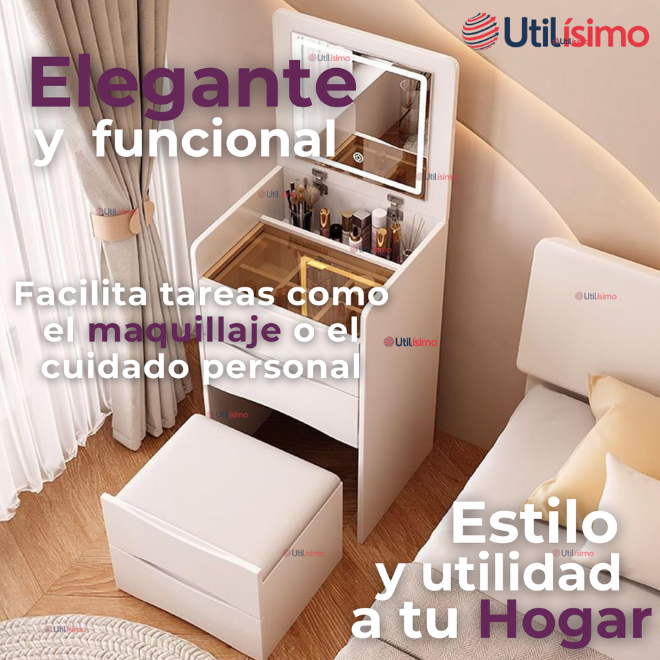 Tocador De Lujo Plegable Con Taburete Y Espejo De luz Ajustable 4 Cajones MDF Blanco  80x40x40cm