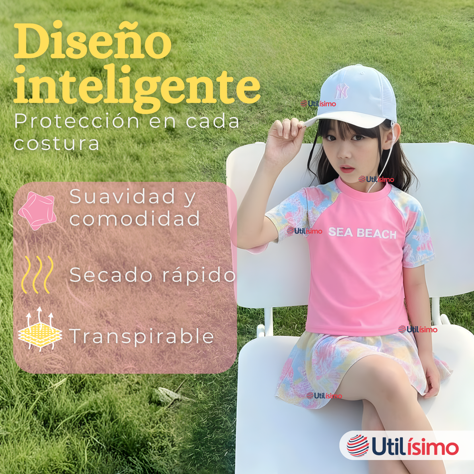 Traje De Baño Manga Corta y Pantalón Corto Con Falda 2 Piezas Niña de 6 a 13 Años Pink Beach