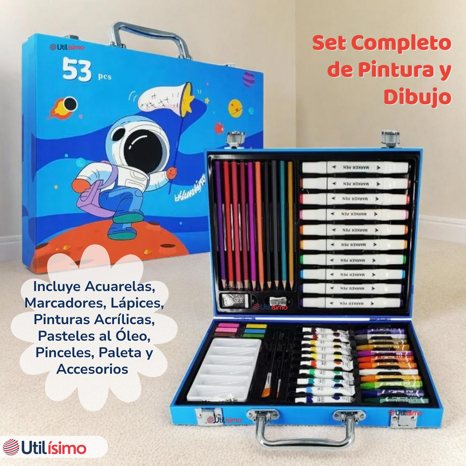 Maletín Set De Arte 53 Piezas Estuche Para Dibujar Y Pintar Niño Astronauta