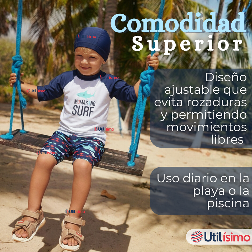 Traje de Baño Con Gorro Pantalón Corto Manga Larga 3 Piezas Corte Split Niño 3 a 9 años Blue Surf