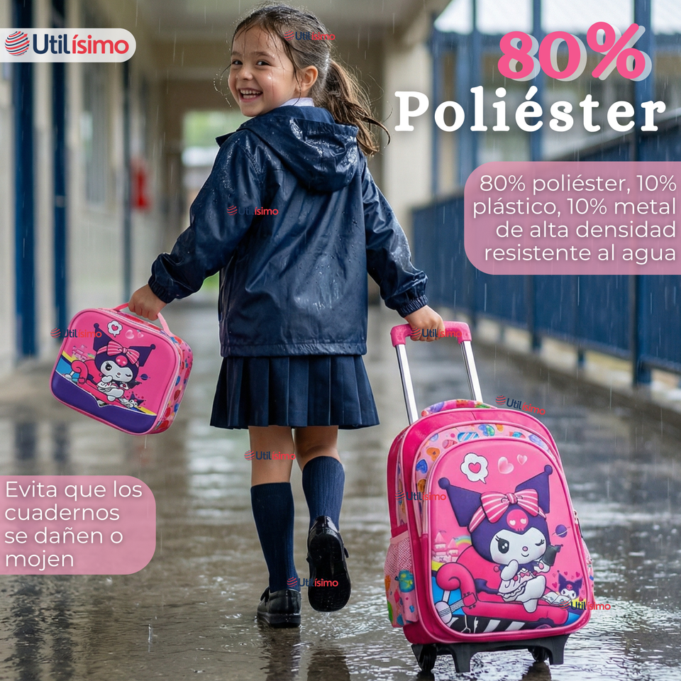 Mochila Escolar Kuromi 3D Con Ruedas Desmontable + Estuche + Lonchera Poliéster Rosa Niña