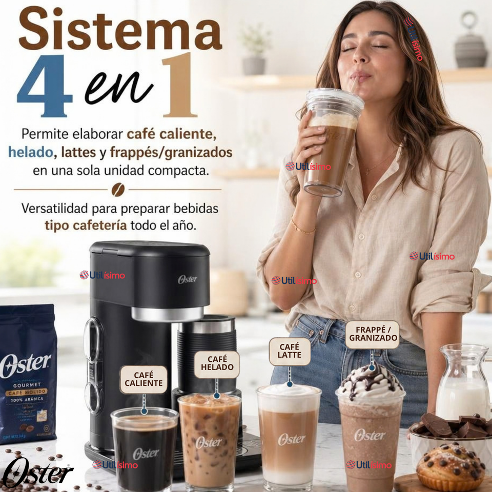 Cafetera Latte 4 en 1 Oster® Con Espumador Café Caliente Latte Helado Frappé BVSTDC02B