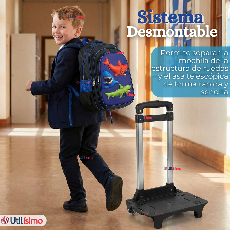 Mochila Escolar Con Ruedas + Estuche + Lonchera 46cm Desmontable Poliéster Azul Tiburón Niño