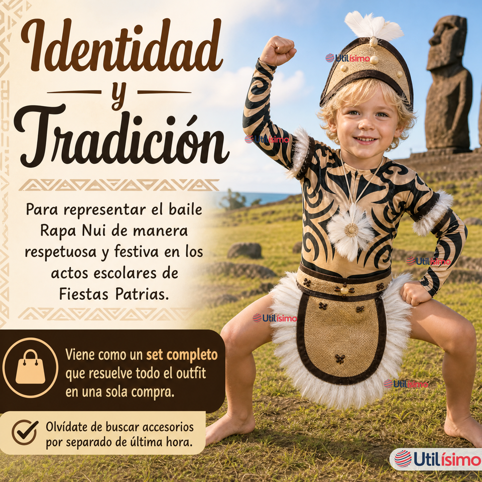 Traje Pascuense Completo 5 Piezas Polera Tatuajes NIño Rapa Nui Fiestas Patrias