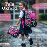 Mochila Escolar + Estuche + Lonchera 43cm Tela Oxford Negro Corazones Niña