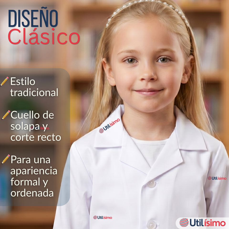 Cotona Delantal Blanca Escolar Colegio Unisex Niño Niña Manga Larga