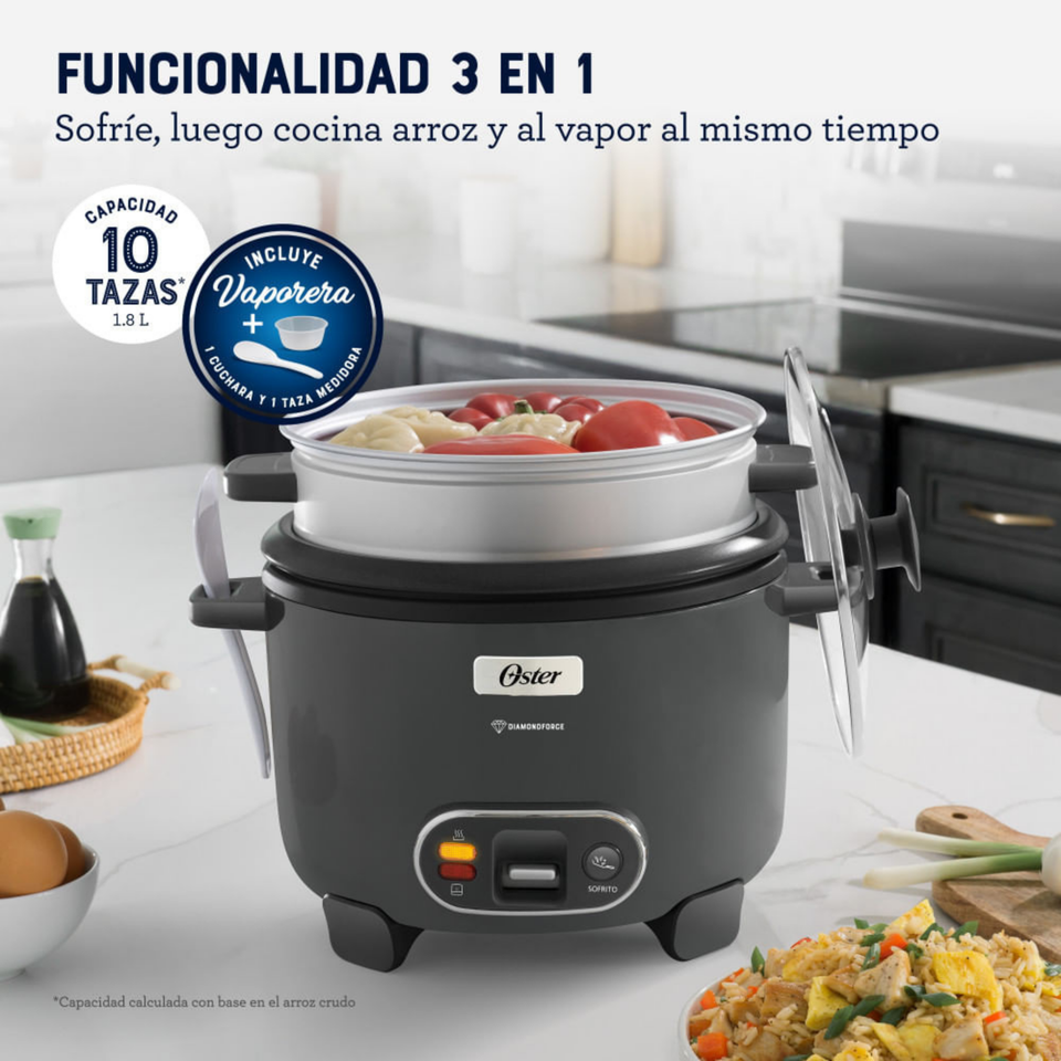 Oster Arrocera 3 en 1, 10 Tazas de Capacidad Función de Sofrito, Vaporera, Recubrimiento Antiadherente Oster DiamondForce, CKSTRC10DFSKE