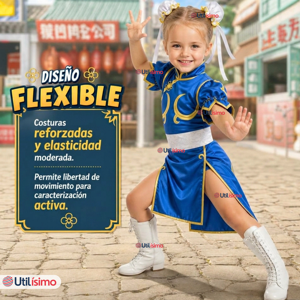 Disfraz Chun-Li Azul Completo Street Fighter Cosplay NIña