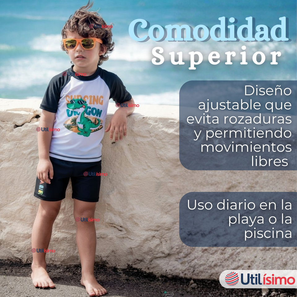 Traje de Baño Manga Corta Pantalón Corto 2 Piezas Corte Split Niño 3 a 9 años Black Dinosaur