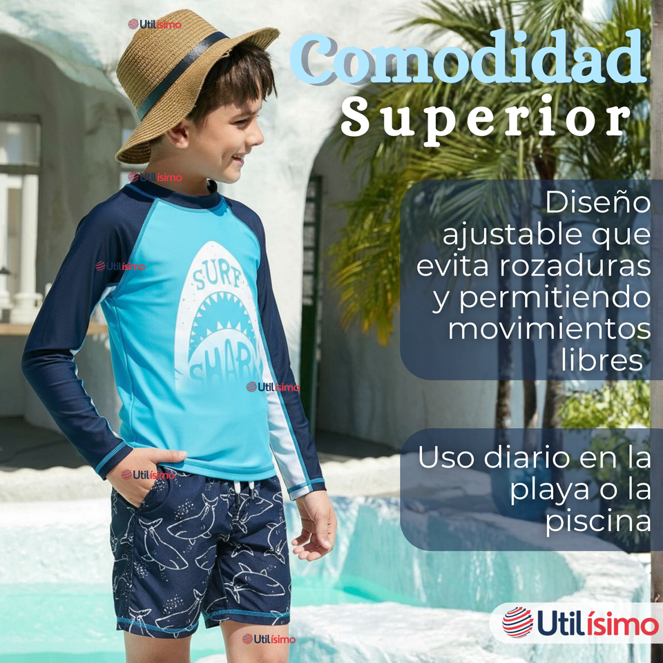 Traje de Baño Manga Larga Pantalón Corto 2 Piezas Corte Split Niño 3 a 9 años Blue Shark