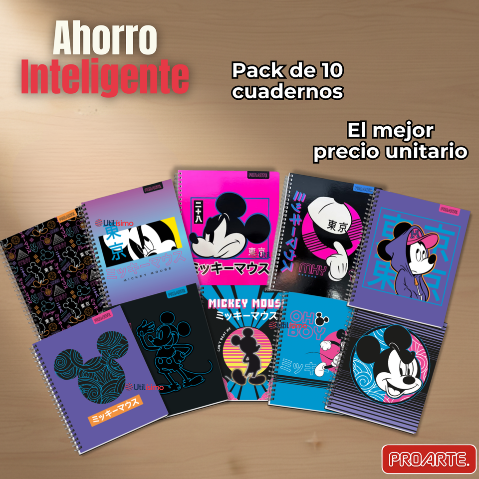 Pack 10 Cuadernos Universitarios Mickey Mouse Proarte 7mm 100 Hojas Diseños Surtidos