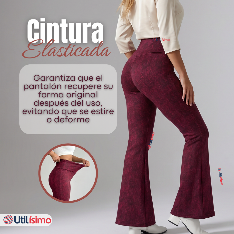 Calza Polar Con Chiporro Palazzo Mujer Elasticada Térmica Burdeo Jeans