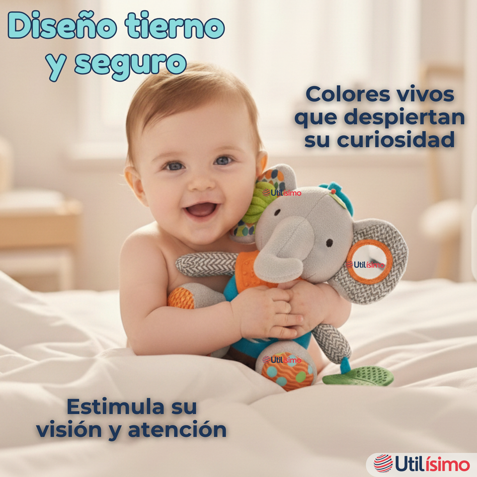 Juguete Peluche Animales Sensorial Con Mordedor Y Sonajero Diseño Elefante Niña y Niño