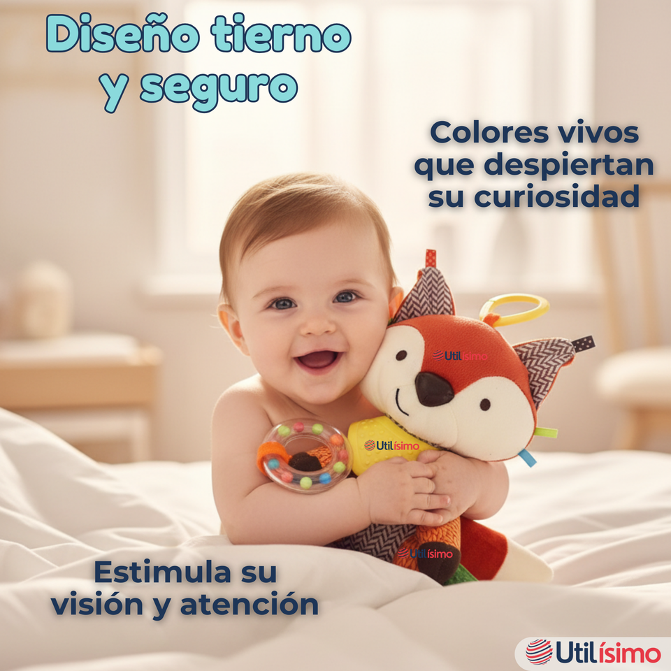 Juguete Peluche Animales Sensorial Con Mordedor Y Sonajero Diseño Zorrito Niña y Niño