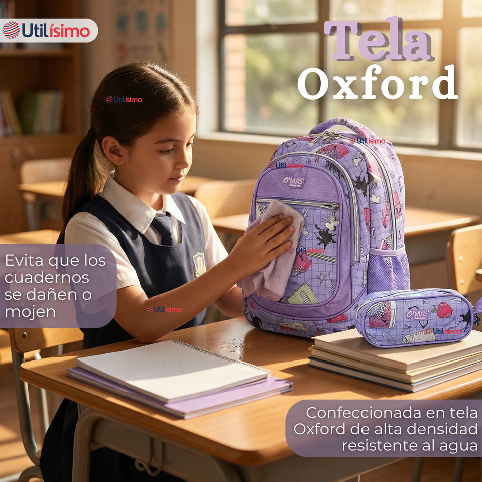 Mochila Escolar Con Estuche 43cm Tela Oxford Lila Niña