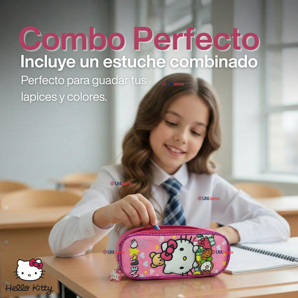 Mochila Escolar Hello Kitty Flowers Con Ruedas Desmontables + Estuche + Lonchera Niña Poliéster