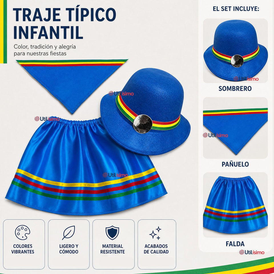 Traje Nortino Con Sombrero Niña Baile Típico 3 Piezas Fiestas Patrías Blue Beauty