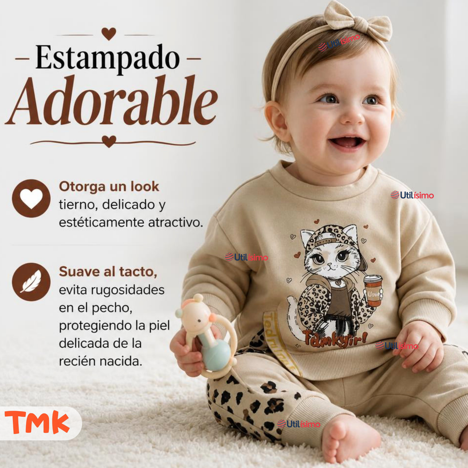Conjunto 2 Piezas Polerón y Buzo 100% Algodón Tedmimak Bebé Niña Cat Print