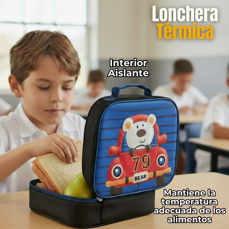 Mochila Escolar Con Ruedas + Estuche + Lonchera Poliéster Oso Niño