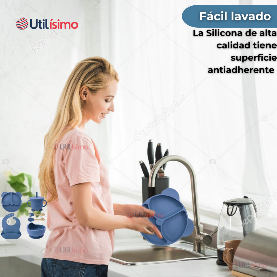 Set De Alimentación Bebé Silicona De Oso 6 Piezas Libre BPA