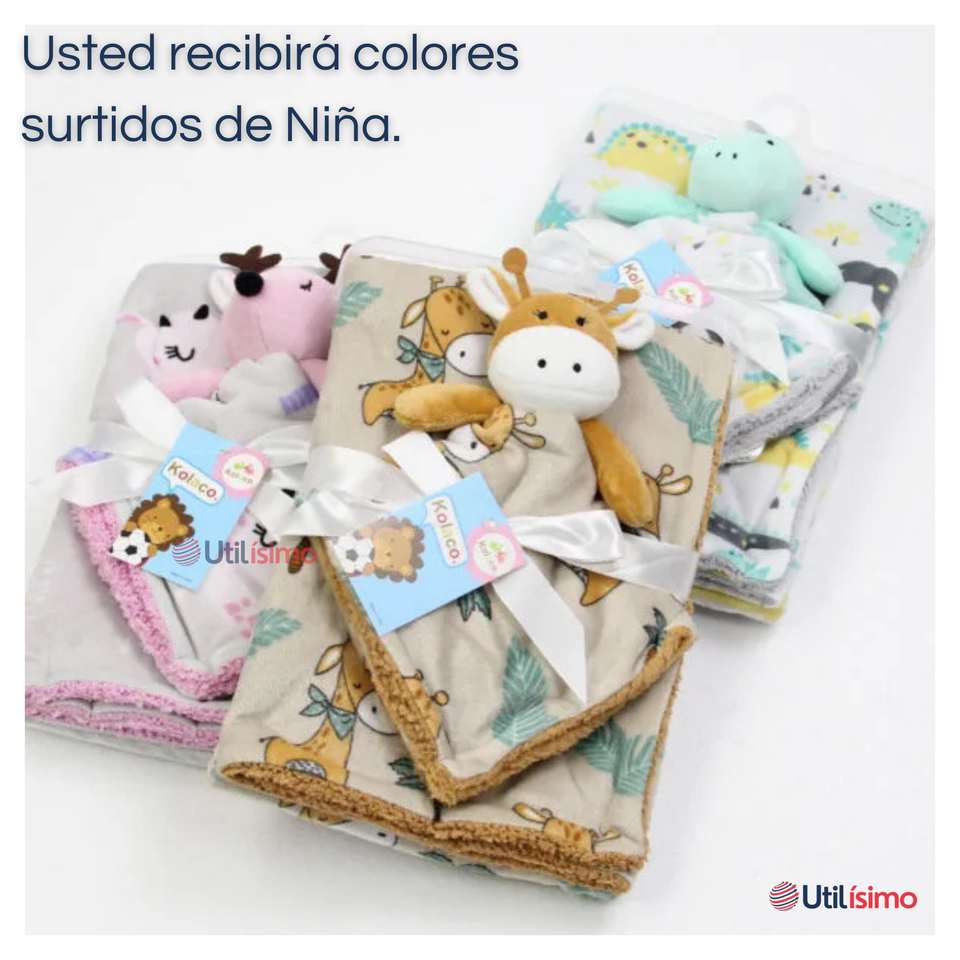 Set Manta Frazada Polar Para Bebé Niña + Peluche de Apego