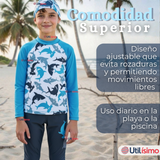 Traje de Baño Con Gorro Pantalón Largo 3 Piezas Corte Split Manga Larga Niño 3 a 11 años White Shark