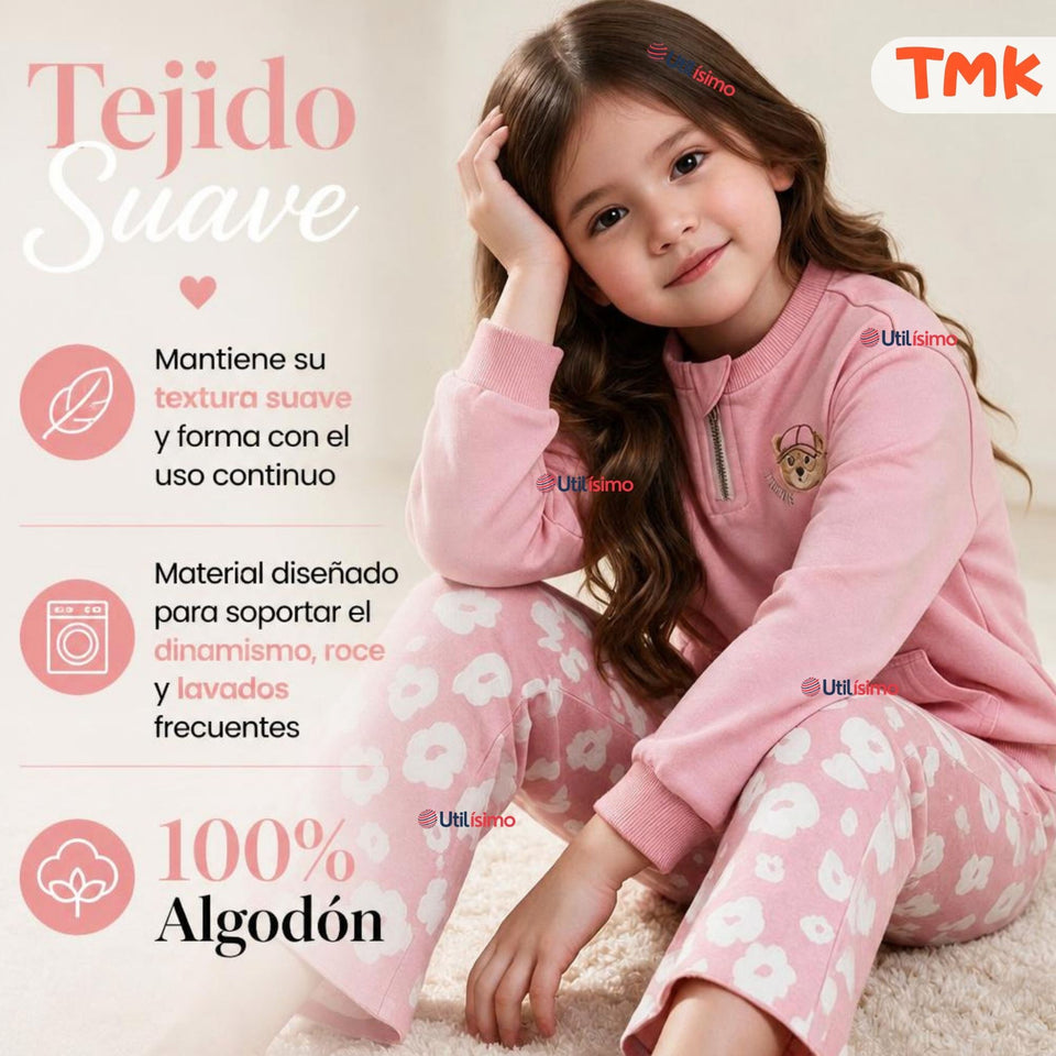 Conjunto 2 Piezas Polerón y Pantalón Buzo 100% Algodón Niña Tedmimak Beautiful flowers