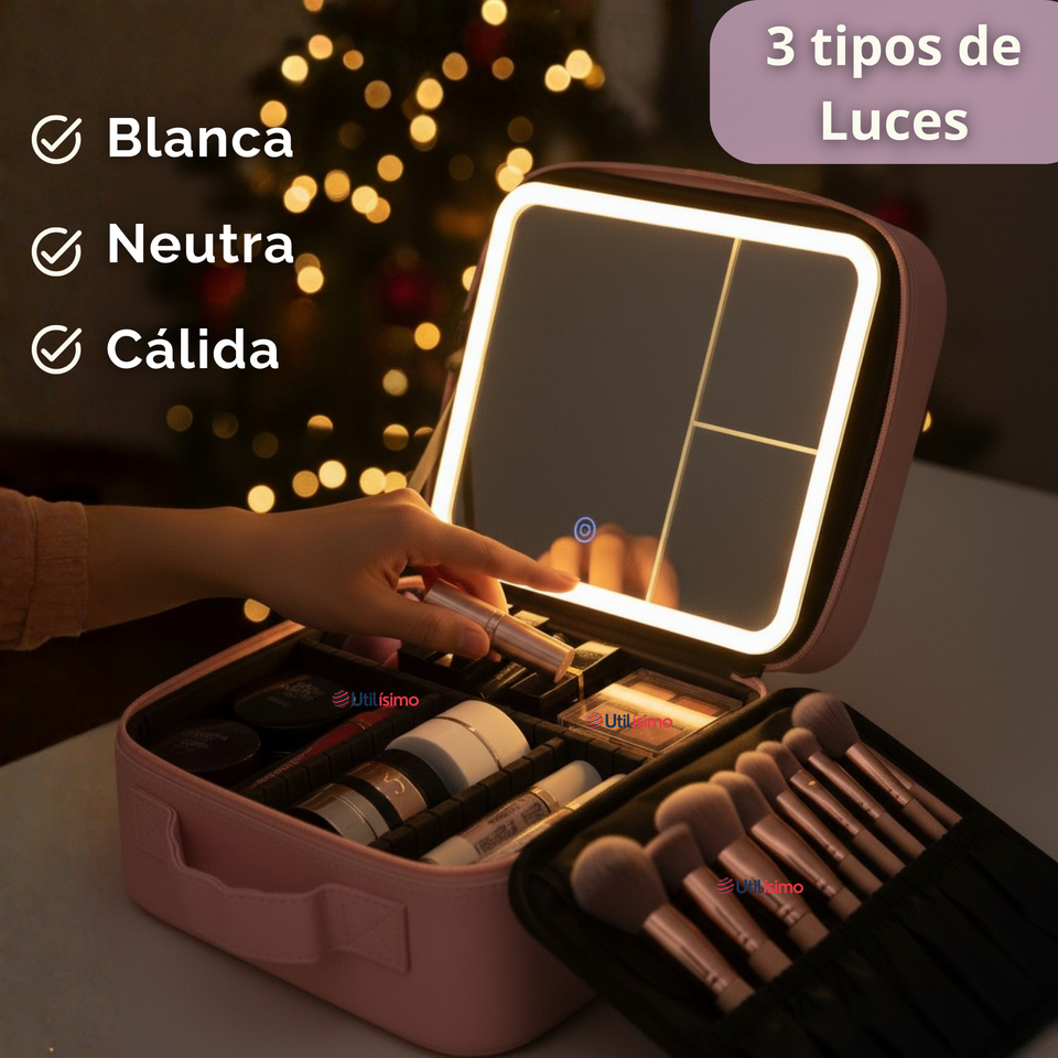 Estuche Maquillaje 2 en 1 Bolso Cosmetiquero Espejo Con Luz Led Organizador