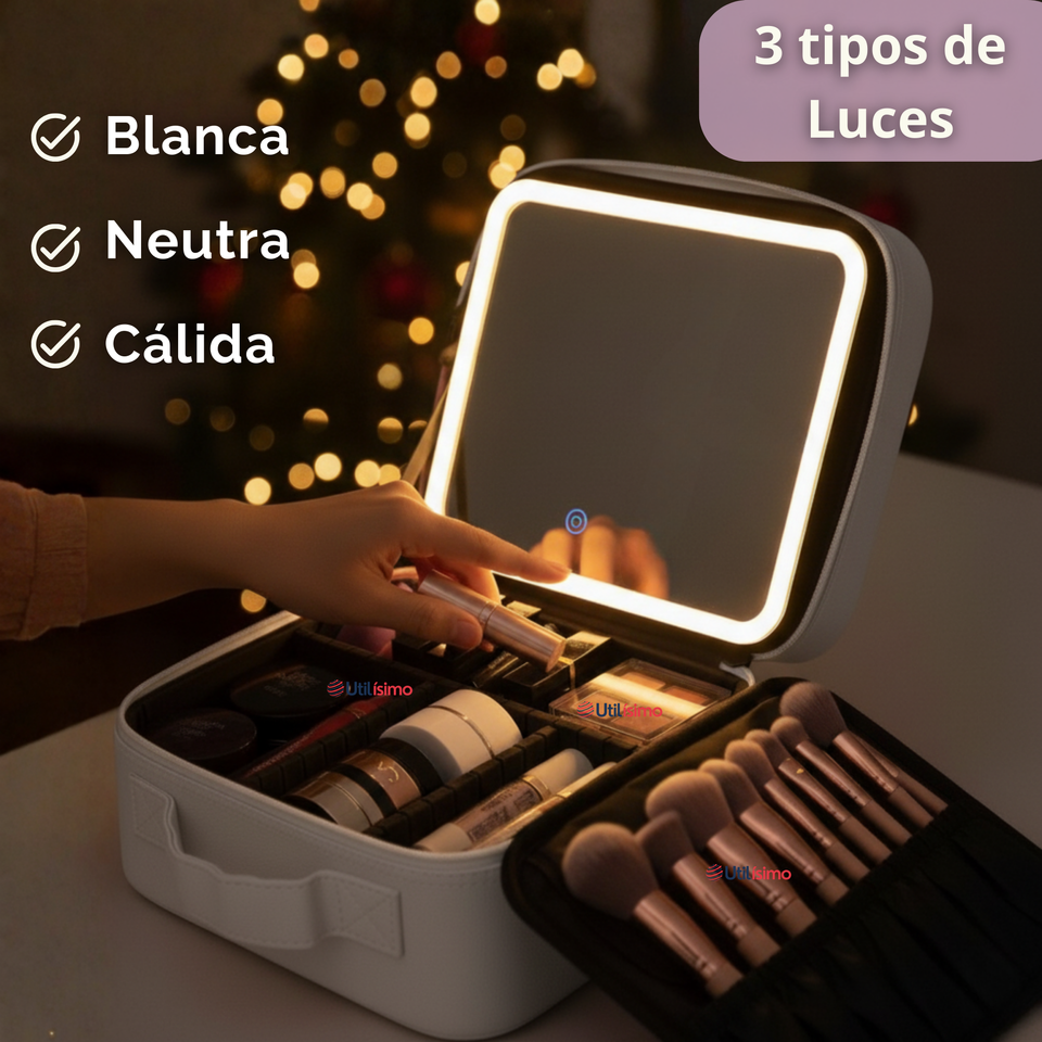 Estuche Maquillaje 2 en 1 Bolso Cosmetiquero Espejo Con Luz Led Organizador