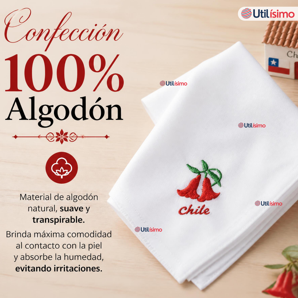 Pack 3 Pañuelos Baile Cueca 36cm Bordado Flor Copihue Algodón Fiestas Patrias