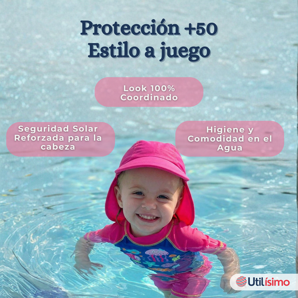 Traje De Baño Manga Corta Pantalón Con Gorro 3 Piezas Bebé Niña Marine Adventure
