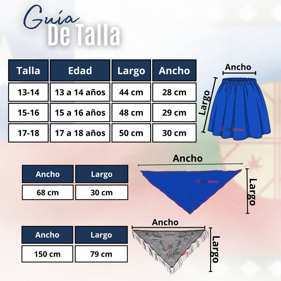 Traje Chilote Juvenil Azul Fiestas Patrias 3 Piezas Tradicional Chilota