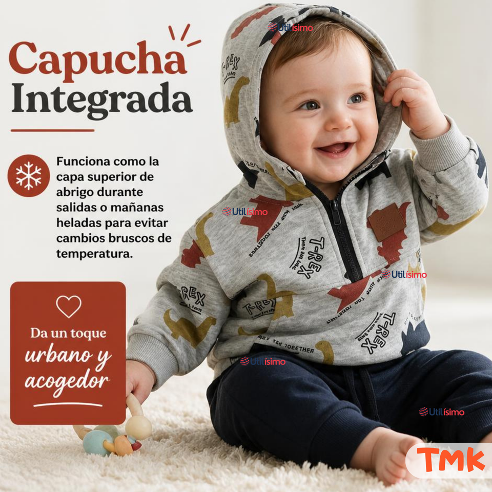 Conjunto 2 Piezas Polerón con Capucha y Pantalón 100% Algodón Bebé Niño Gray Dinosaur