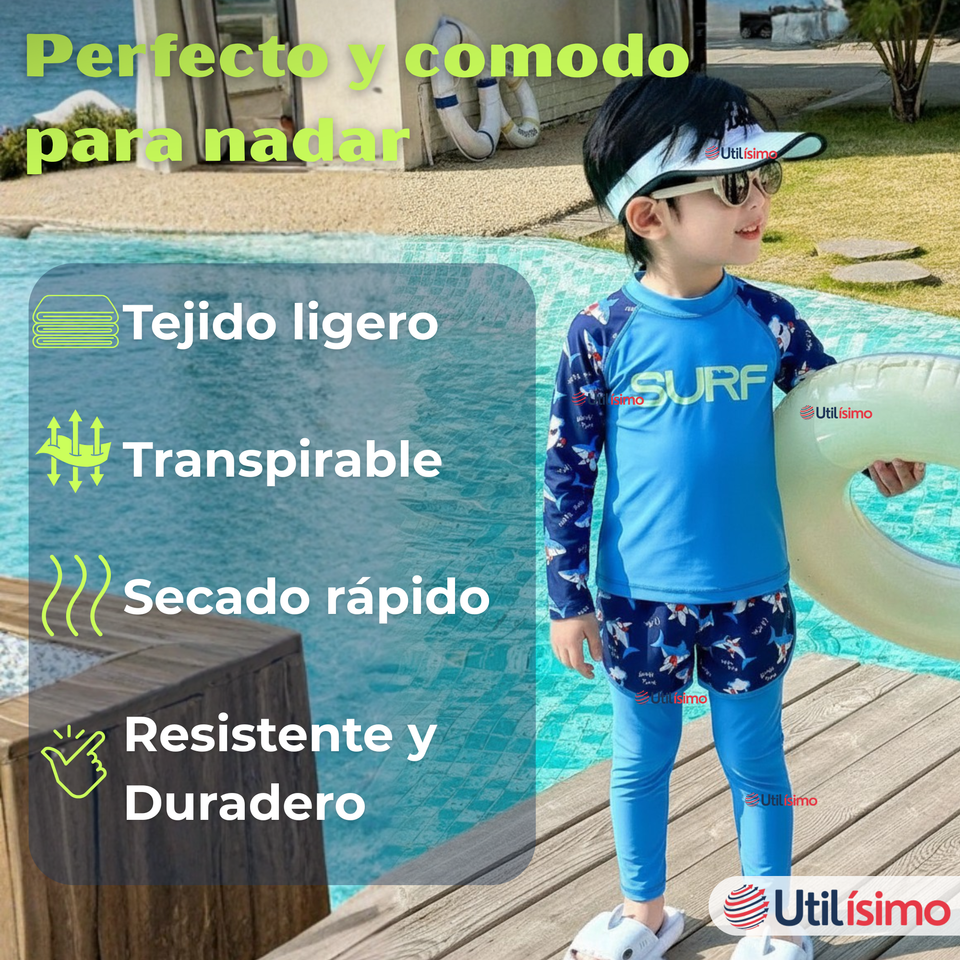 Traje De Baño Manga Larga Con Pantalón Largo y Pantalón Corto Niño de 3 a 11 Años Blue Surf