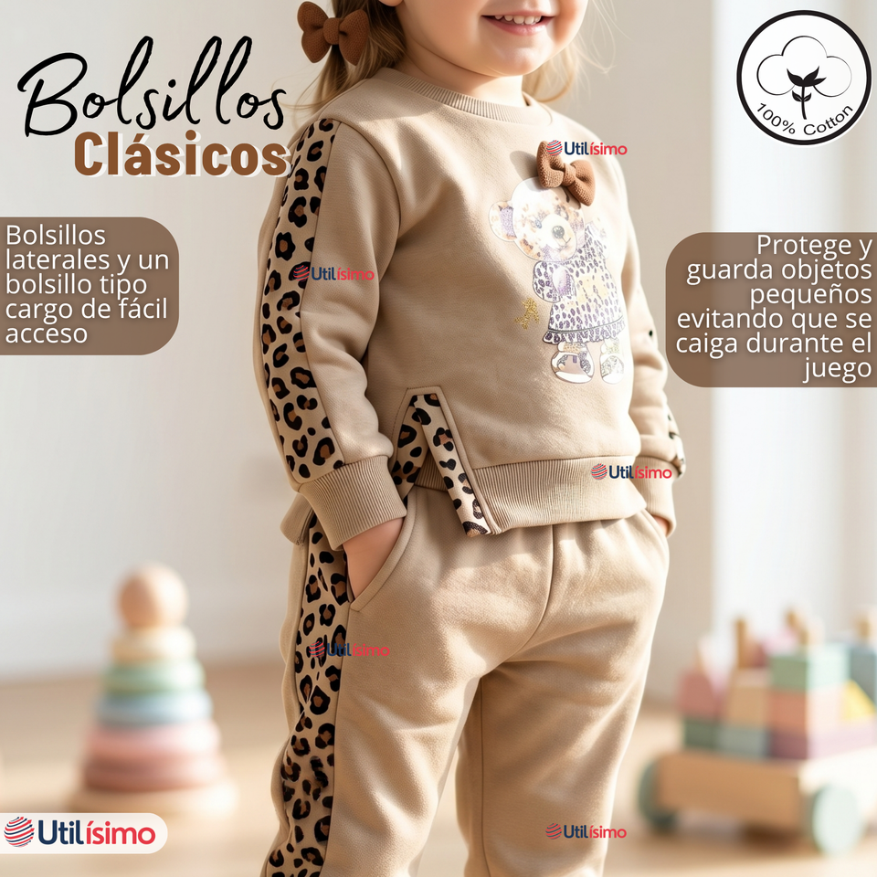 Conjunto 2 Piezas Buzo Pantalón Y Polerón Beige Osito Niña