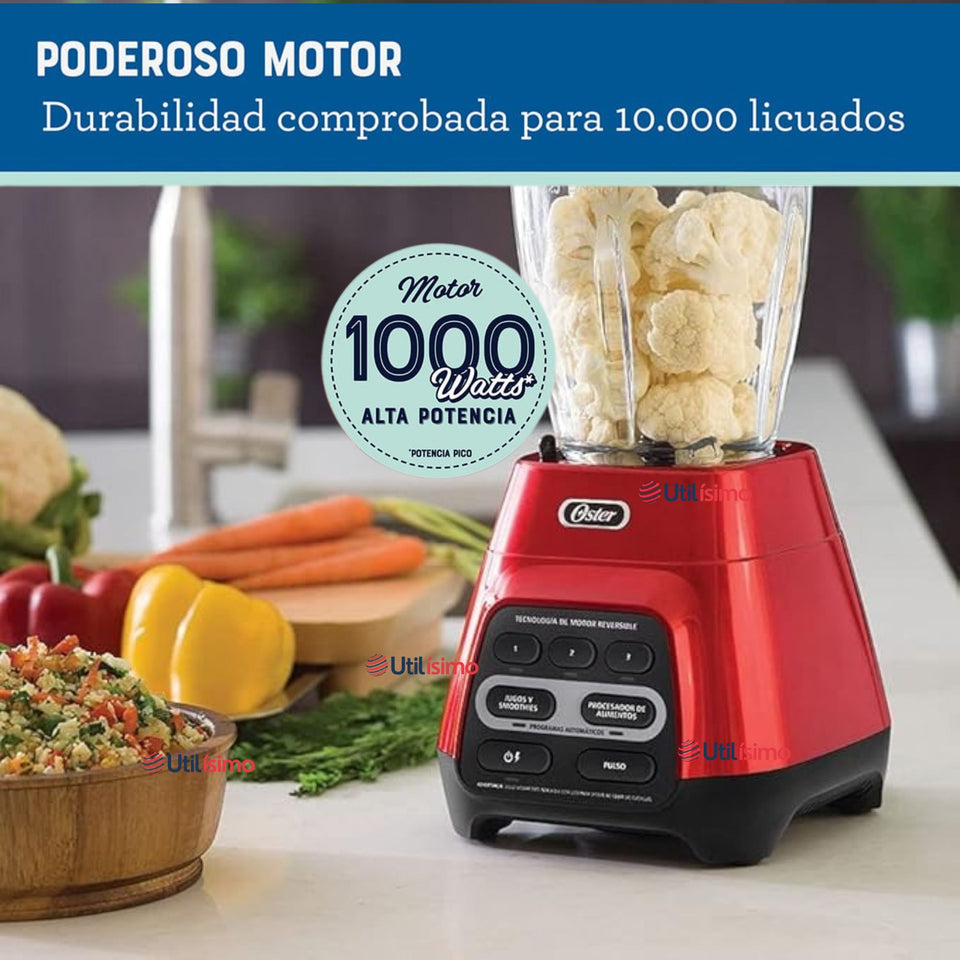 Licuadora Oster® roja con programas automáticos, tecnología reversible y vaso Blend-N-Go BLSTPYG1310RBG
