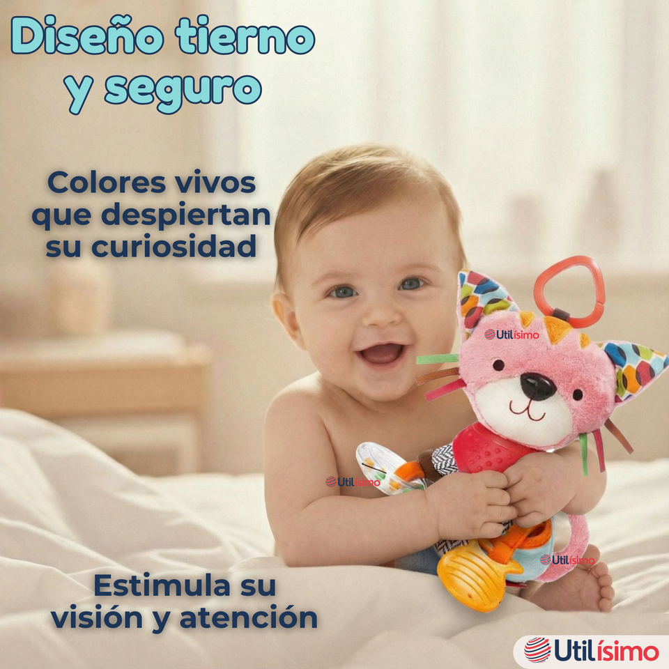 Juguete Peluche Animales Sensorial Con Mordedor Y Sonajero Diseño Gatico Niña y Niño