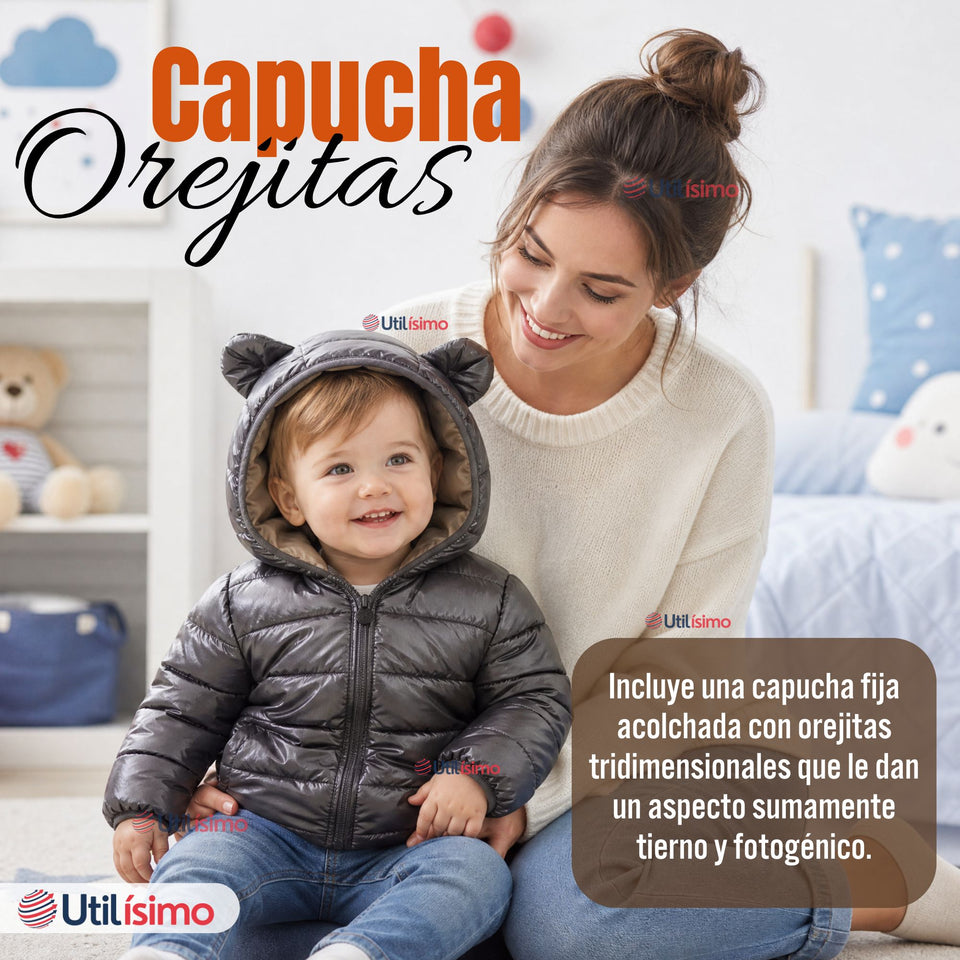 Parka Bebé Niño Negra Térmica Acolchada Con Orejitas Black Winter