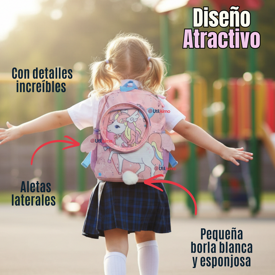 Mochila Escolar Con Estuche 33cm Poliéster Impermeable Unicornio Niña
