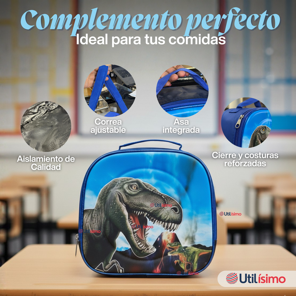 Mochila Escolar Bolso Con Efecto 3D Estuche + Lonchera 40Cm Tela Oxford Niño Dinosaur