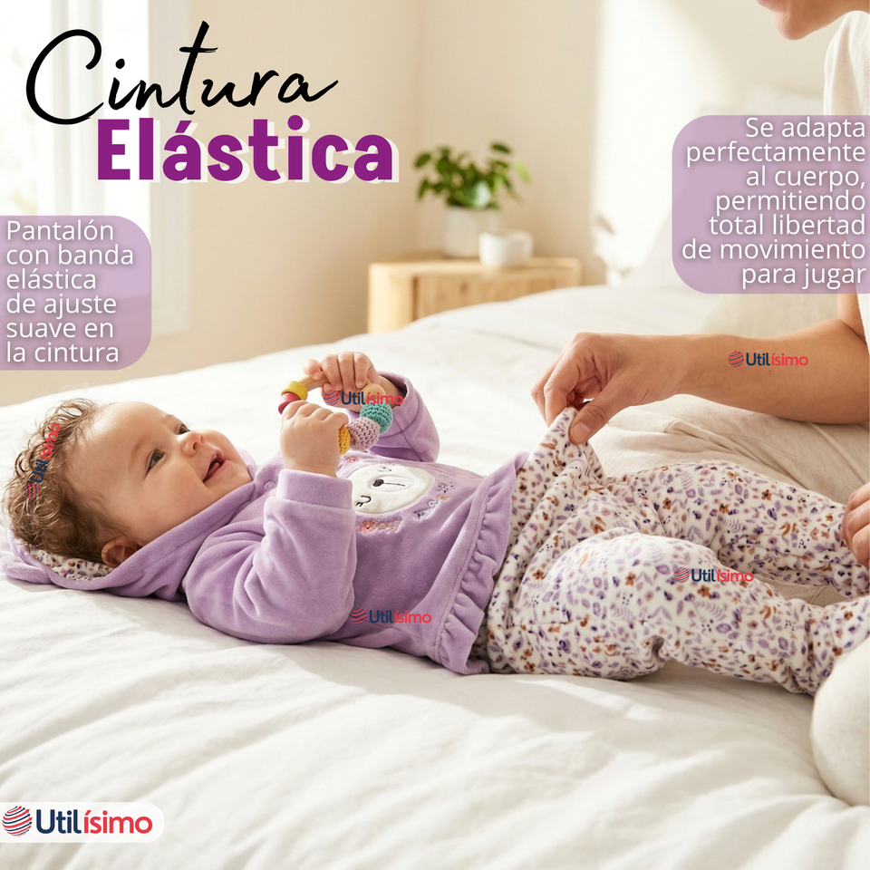 Conjunto 2 Piezas Buzo Pantalón Y Polerón Con Capucha Tela Plush Lila Bebé Niña