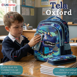 Mochila Escolar + Estuche + Lonchera 40cm Tela Oxford Azul Dinosaurio 3D Niño