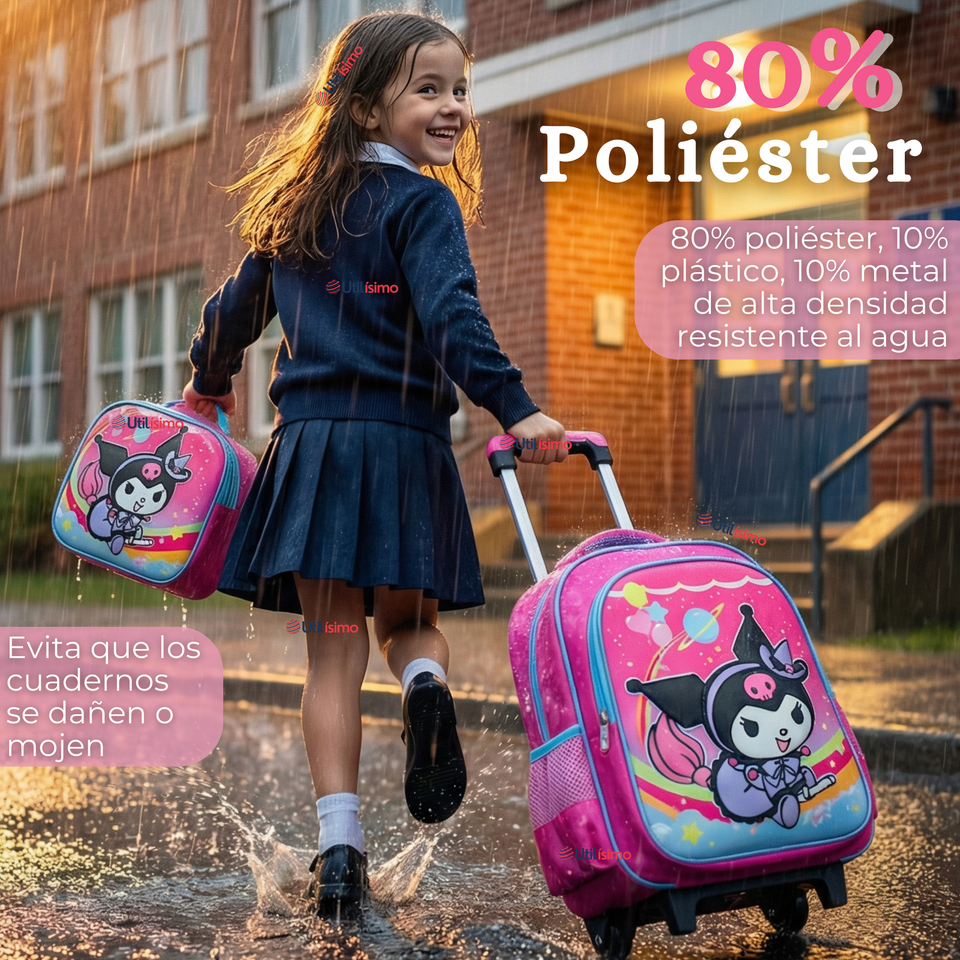 Mochila Escolar Kuromi 3D Con Ruedas Desmontable + Estuche + Lonchera Poliéster Rosa Niña