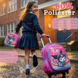 Mochila Escolar Kuromi 3D Con Ruedas Desmontable + Estuche + Lonchera Poliéster Rosa Niña