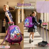 Mochila Escolar Con Ruedas + Estuche + Lonchera 46cm Desmontable Poliéster Morado Unicornio Niña
