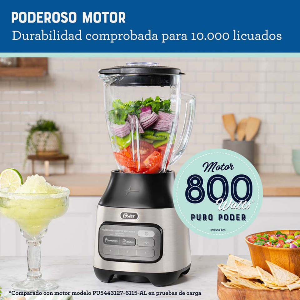 Licuadora Oster® con tecnología reversible, 2 programas automáticos y 3 velocidades más pulso