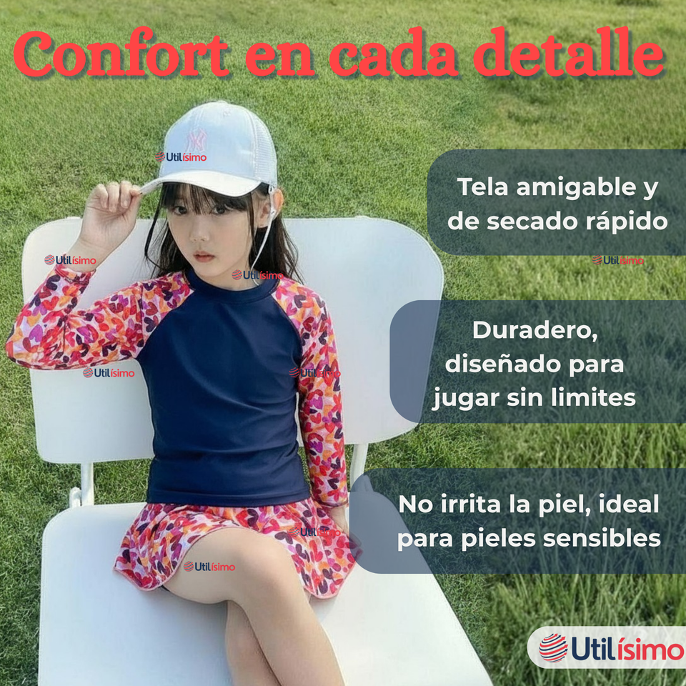 Traje De Baño Manga Larga Estilo Tankini Con Falda Niña 2 a 7 años Happy Hearts