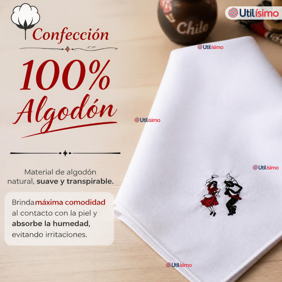 Pack 6 Pañuelos Baile Cueca 36cm Bordado Pareja Bailando Algodón Fiestas Patrias