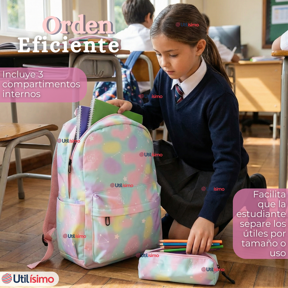 Mochila Escolar + Estuche + Lonchera 40cm Tela Oxford Verde Agua Niña