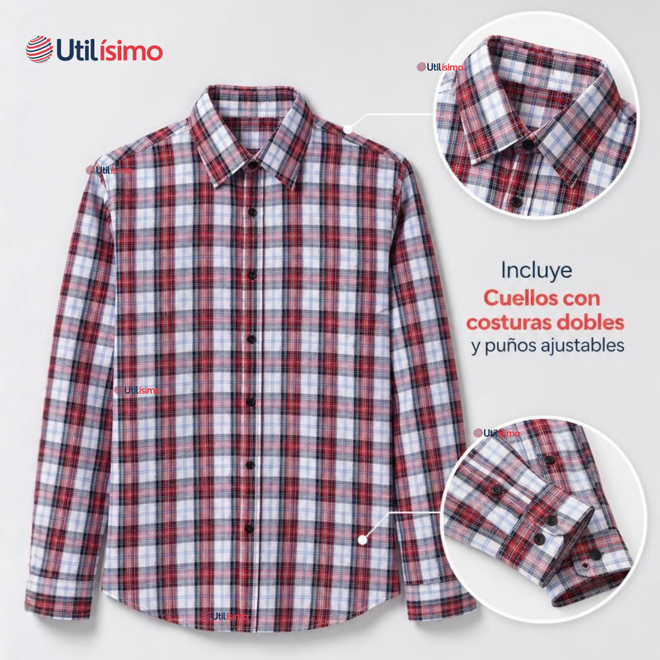 Camisa Huaso Cuadrillé Cuadro Manga Larga 100% Algodón Azul Blanco Casual